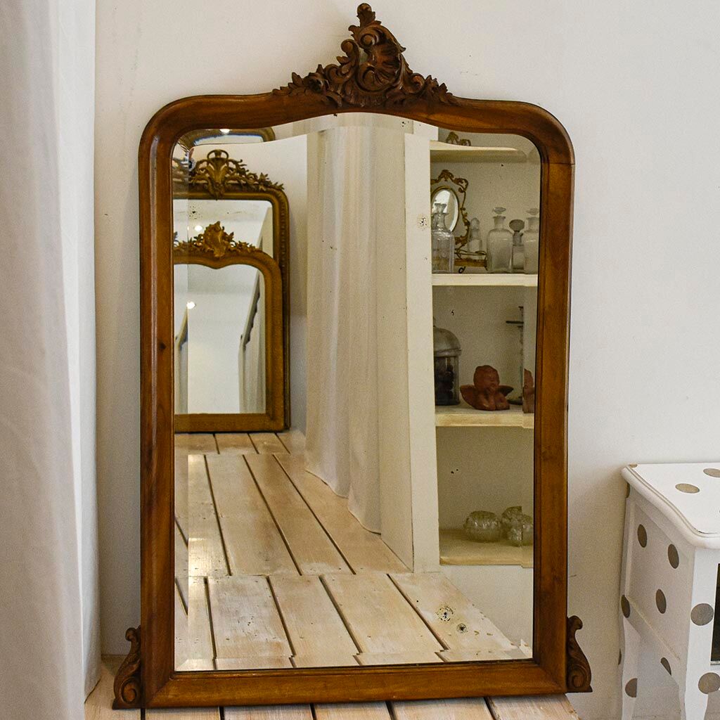 Mirror of fireplace rockery in wood pediment carved old vintage walnut 125 x 86 cm