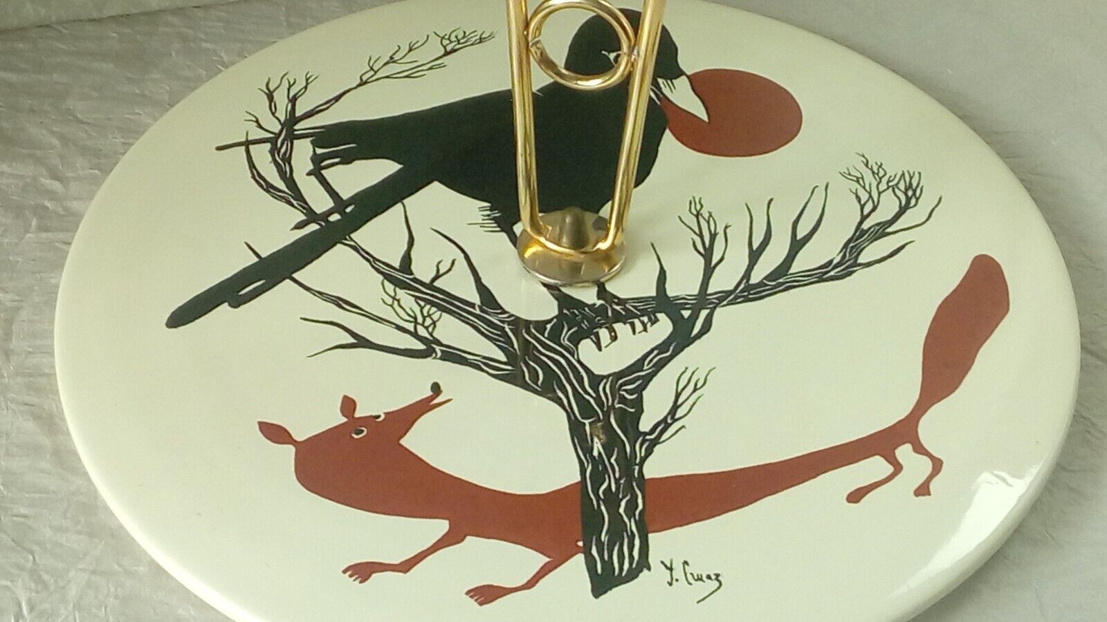 Faience cheese platter from salins france le corbeau et renard yves cruaz