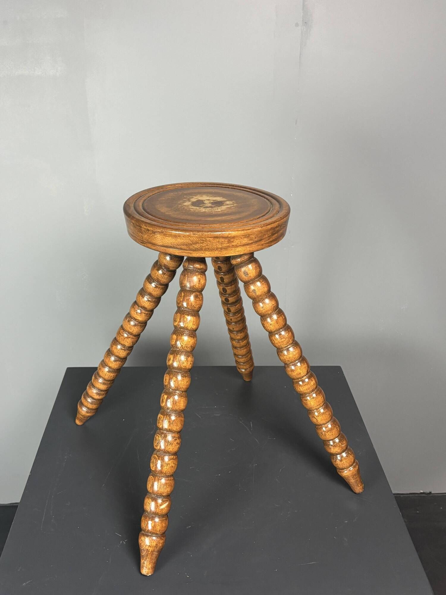 Midcentury bobbin wood turned farm house stool, France ca 1960s