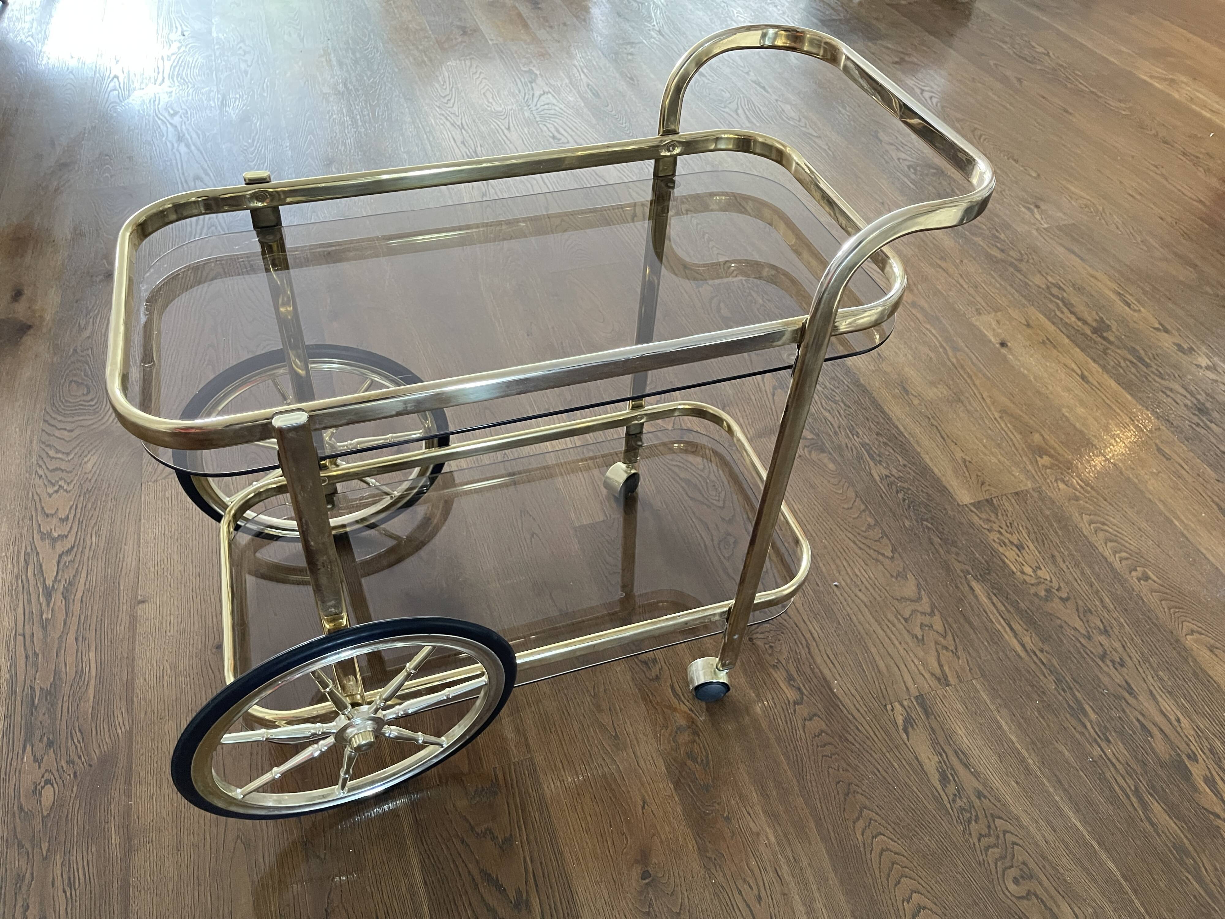 Brass and smoked glass bar trolley, 2 trays