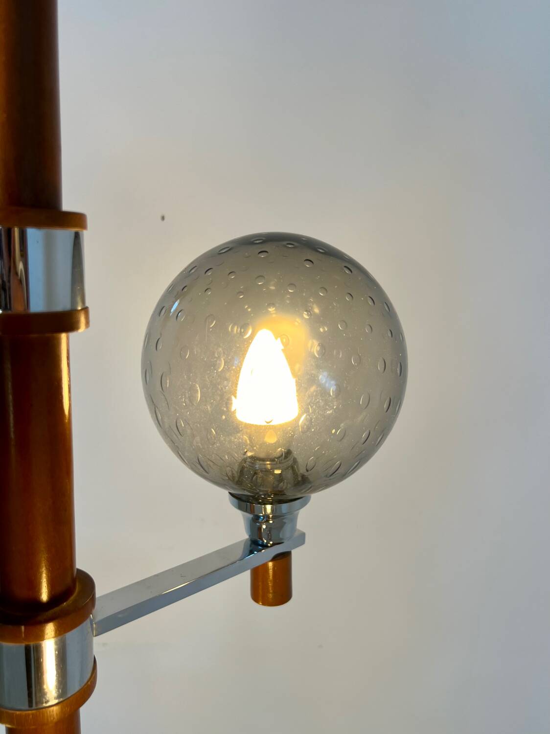 Old Scandinavian design wooden floor lamp from the 60s with 6 vintage lights