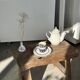 White earthenware teapot with blue and silver trim H22.5