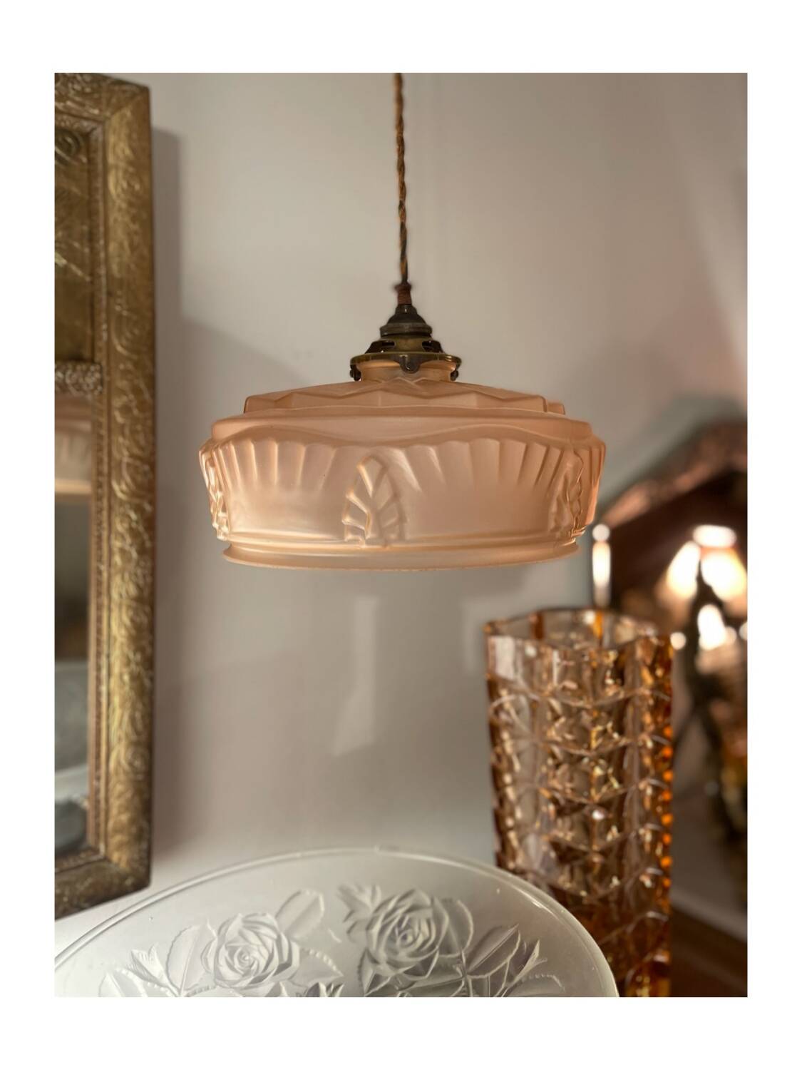 Art Deco pink opaline pendant light