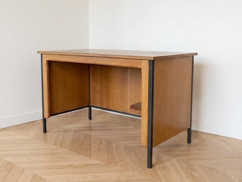Vintage style desk by Jean Prouvé in oak and black metal.