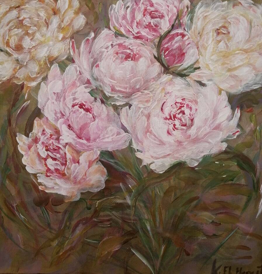 Peony bouquet painting signed and delivered with its certificate