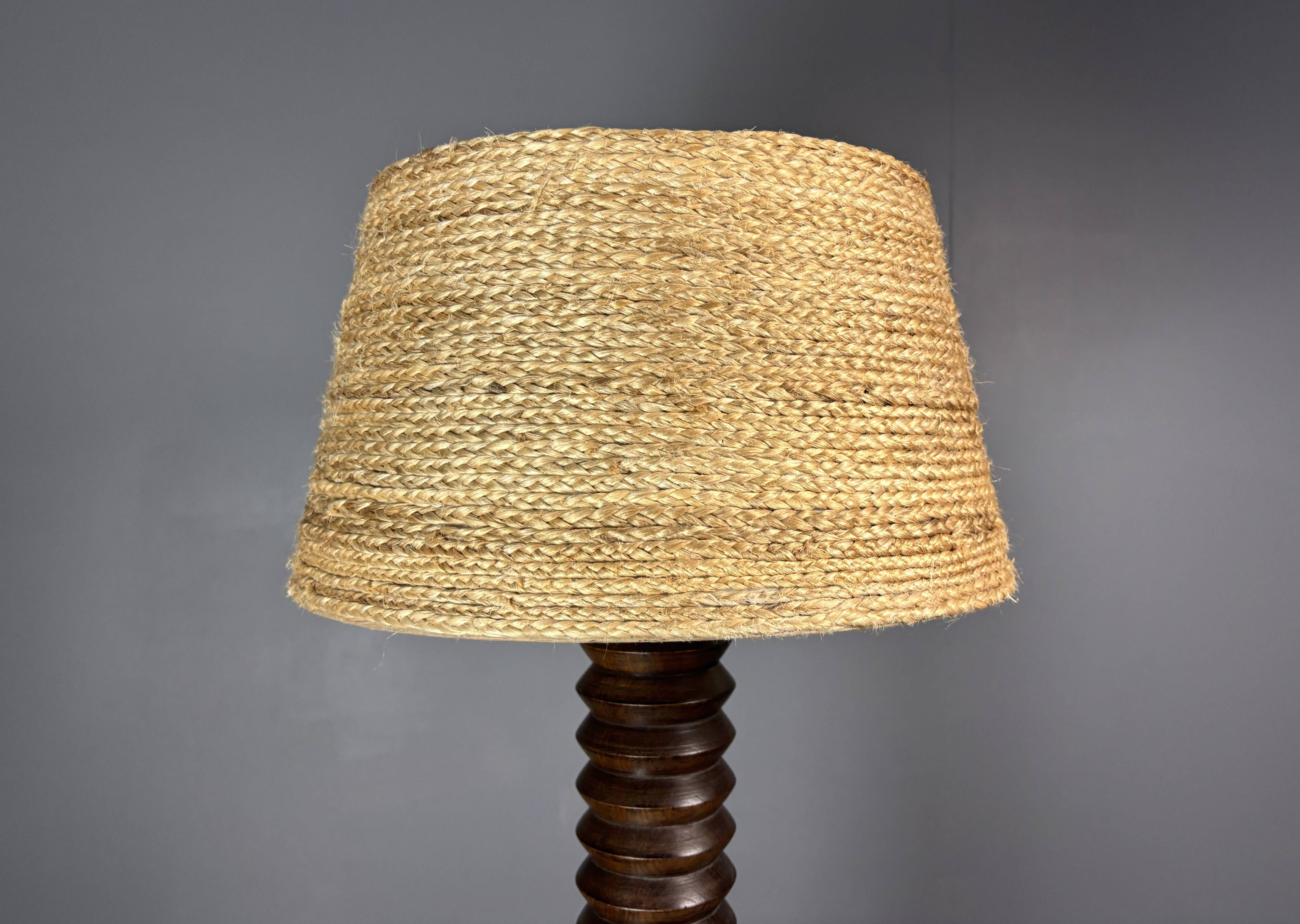 Midcentury brutalist chunky wood turned floor lamp, Charles Dudouyt style.