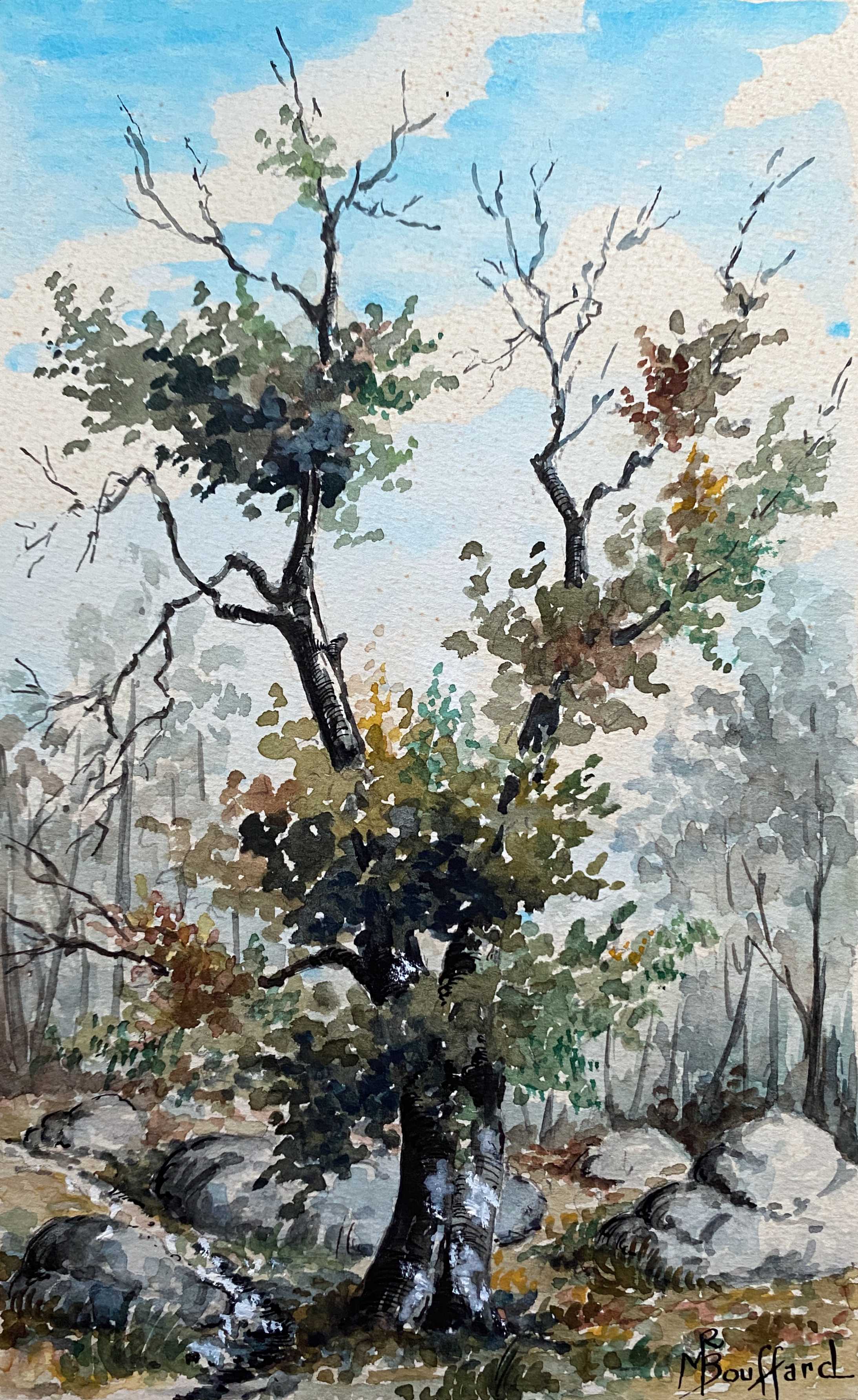 Watercolor painting "On the edge of the forest" signed MR Bouffard - mid 20th century