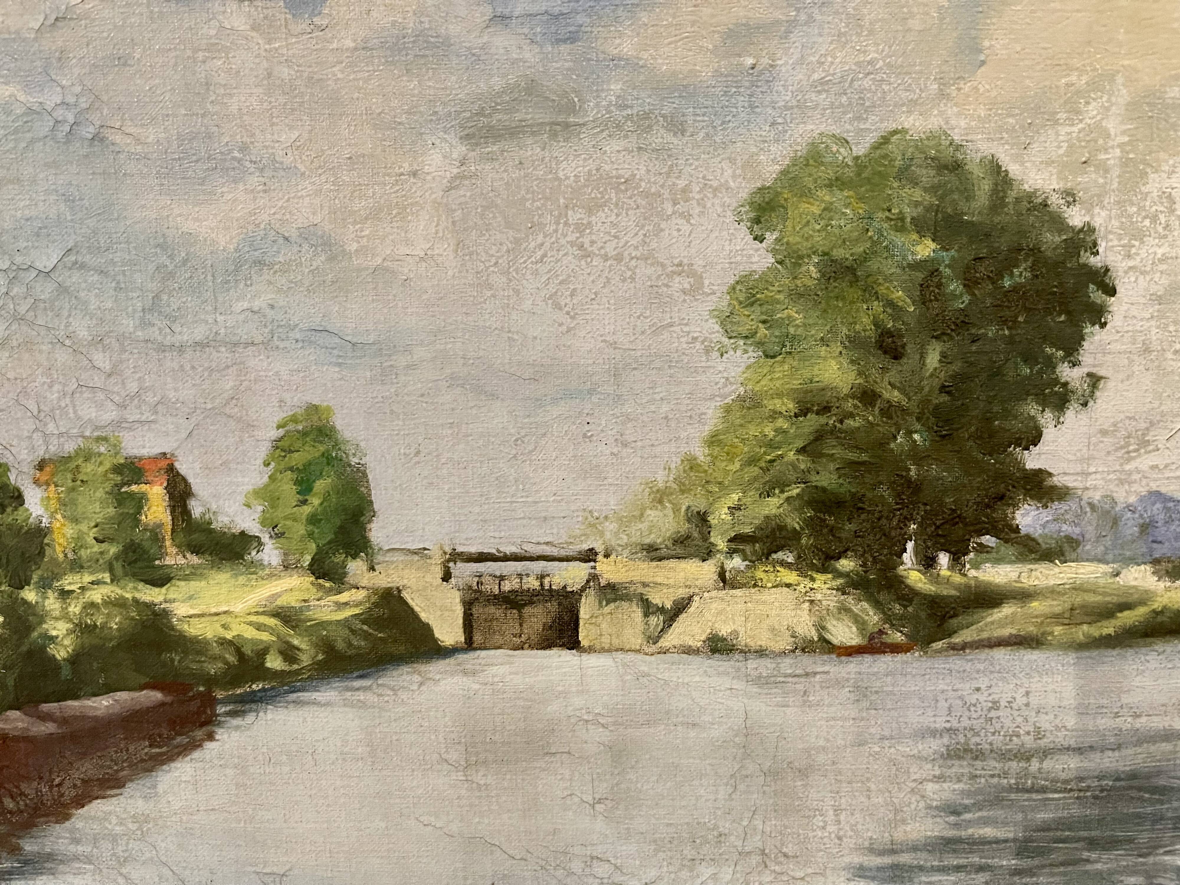 Painting of the lock and the beach of Neuilly Sur Marne signed by Bern 1948