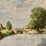 Painting of the lock and the beach of Neuilly Sur Marne signed by Bern 1948