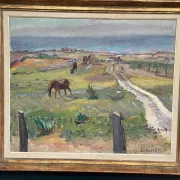 Original Swedish Oil on Canvas – "Coastal Scene with Horses" by Georg Lodström – Signed – 1947 – Framed – 77 × 66 cm