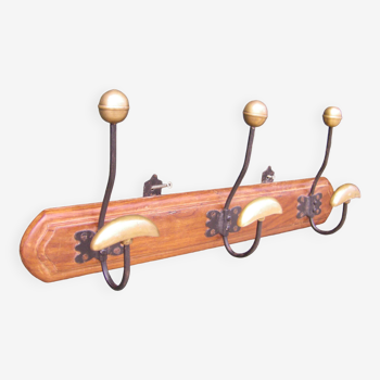 Vintage bronze and wood wall coat rack