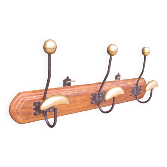 Vintage bronze and wood wall coat rack