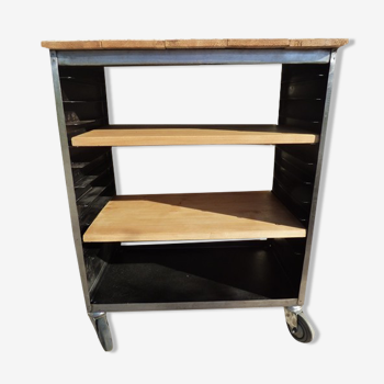 Furniture on metal wheels with modular wooden shelves