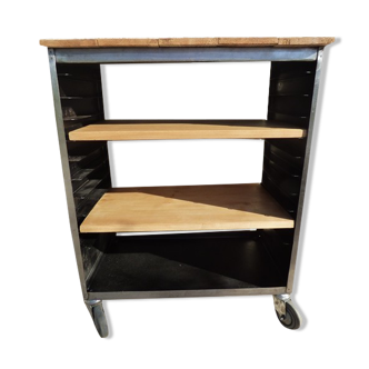 Furniture on metal wheels with modular wooden shelves