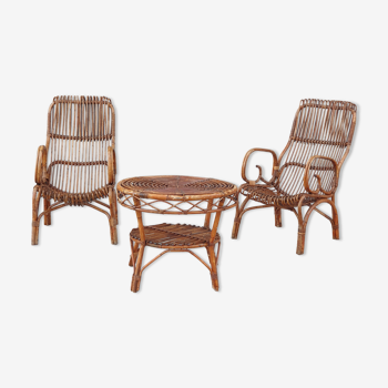 Italian chairs in bamboo with coffee table, 1960s, set of 3