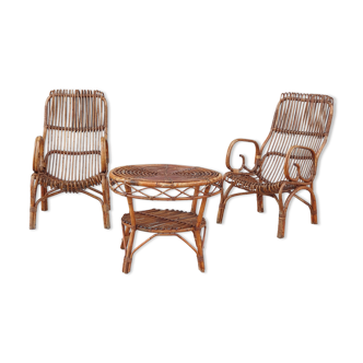 Italian chairs in bamboo with coffee table, 1960s, set of 3