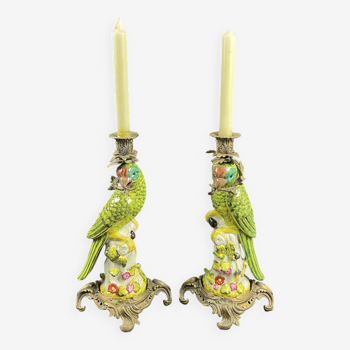 Pair of parrot candlesticks