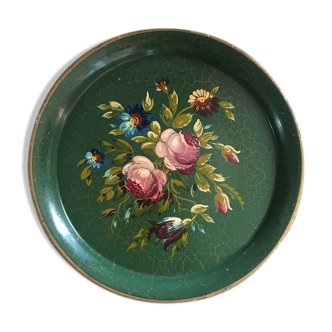 Round metal tray with hand painted flowers