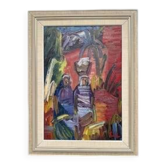 Grande huile sur toile suédoise originale – « Villageois » par Eric Lo – Signée – Vintage et encadrée
