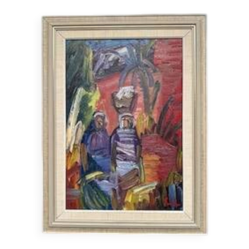 Large Original Swedish Oil on Canvas – “Villagers” by Eric Lo – Signed – Vintage & Framed