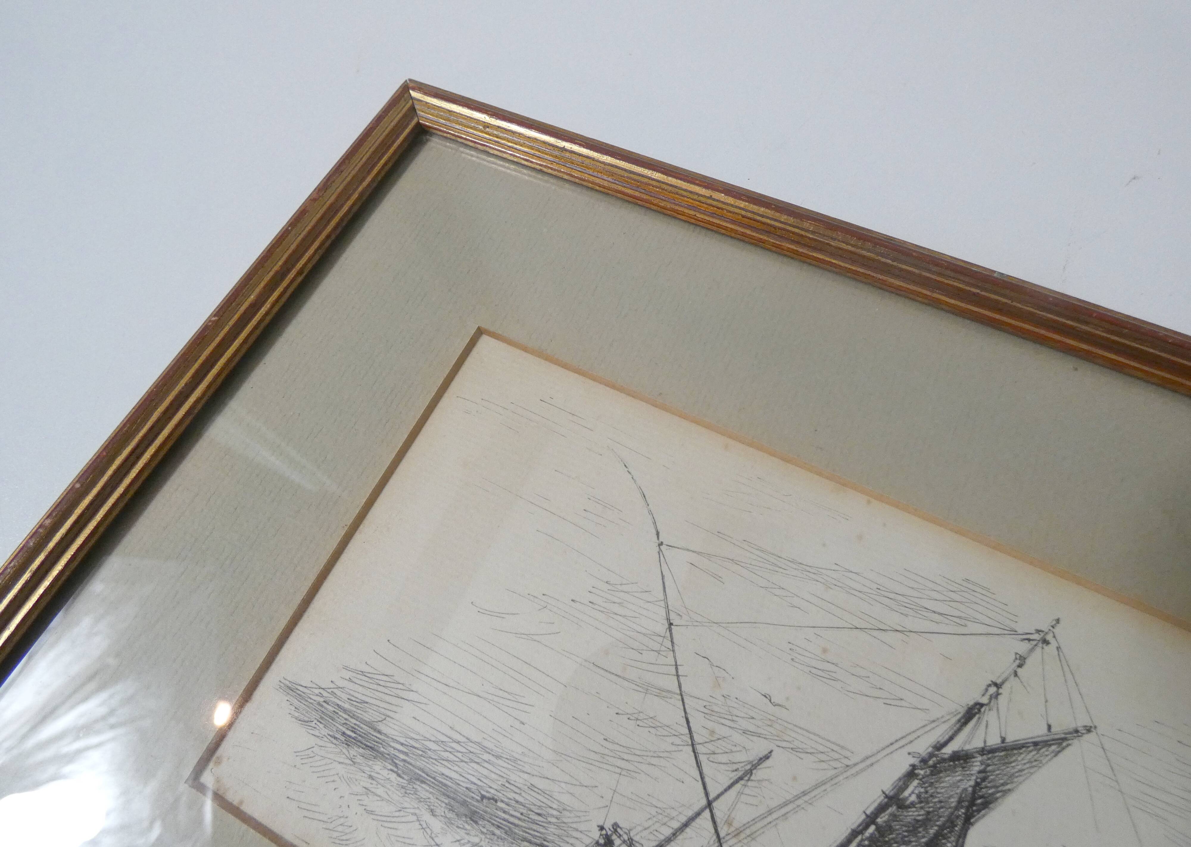 Antique ink drawing on paper, sailboat at sea, signed and framed.