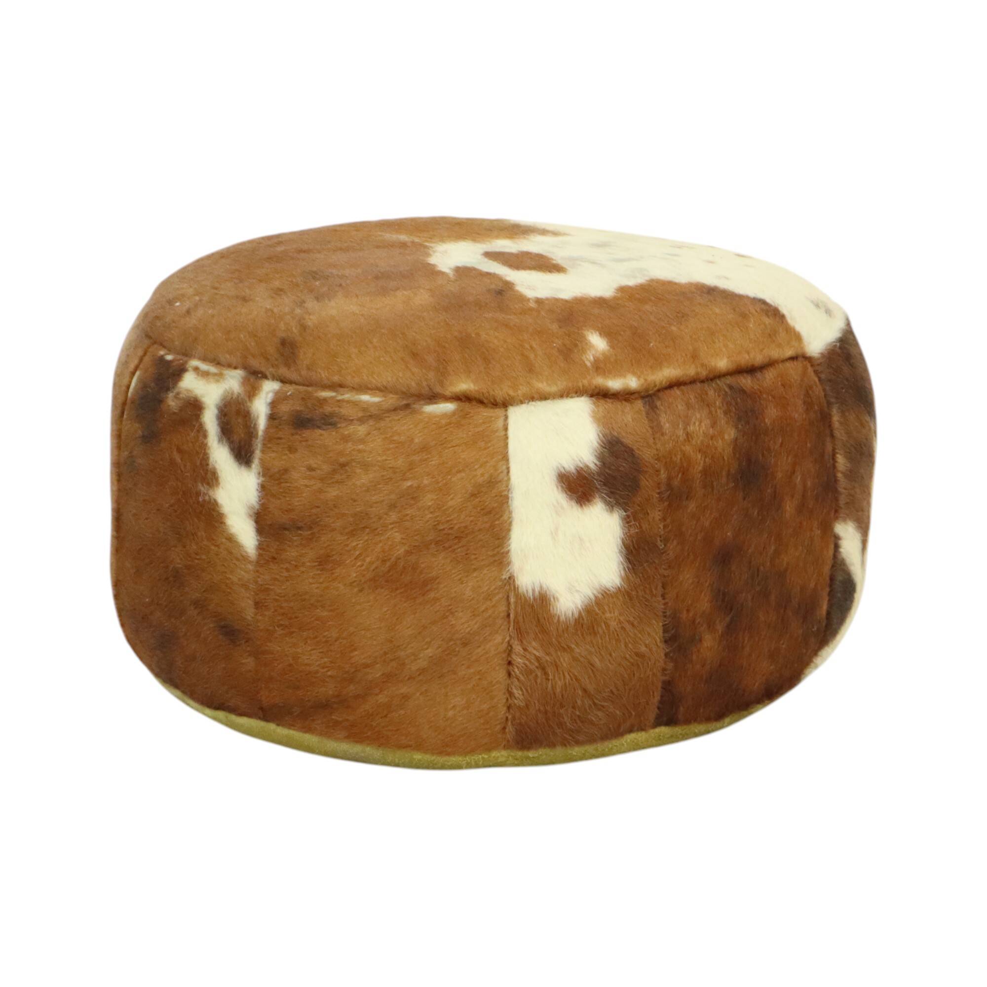 Low Round Vintage Pouf Cowhide Leather Sixties