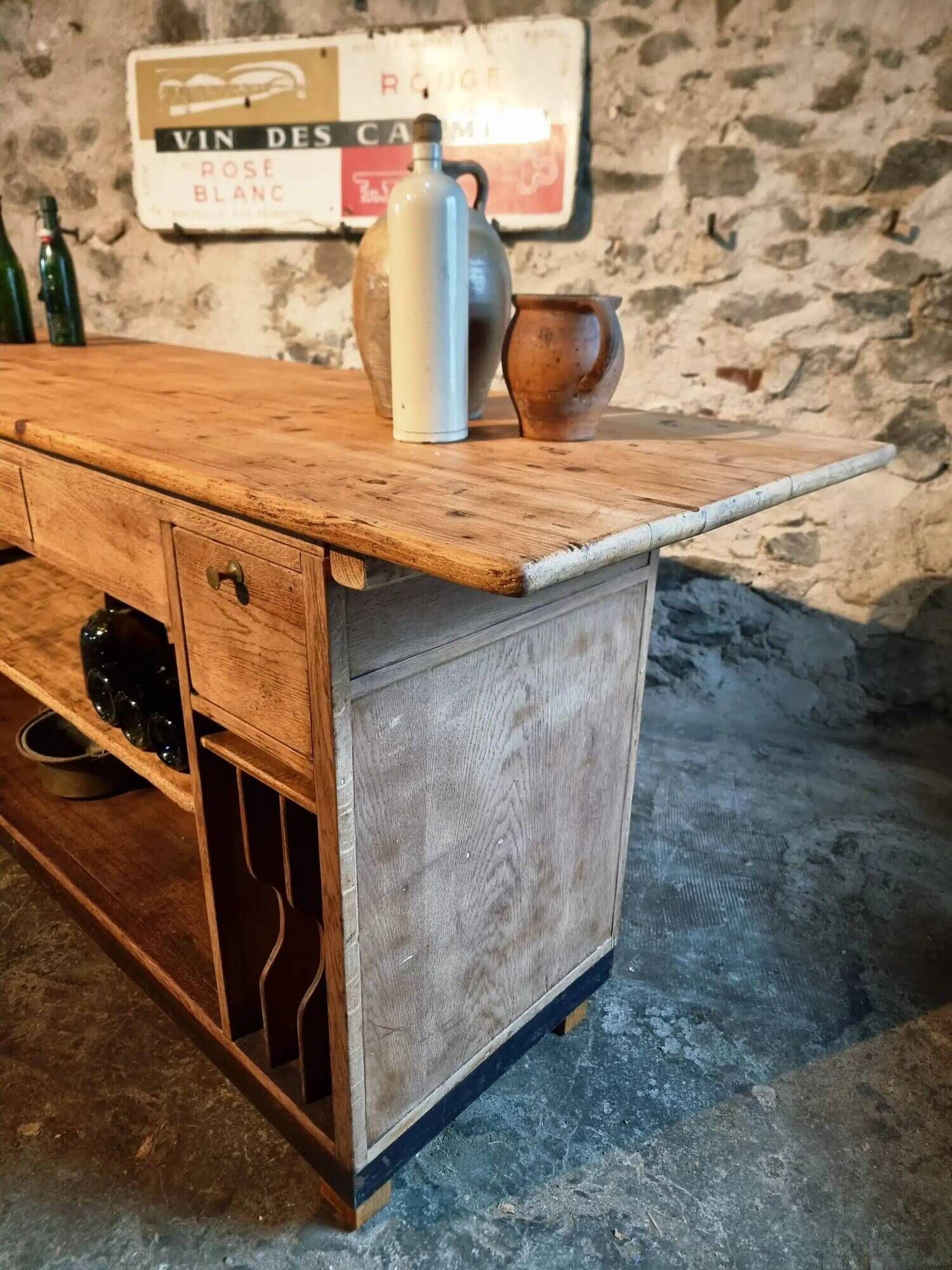 Vintage French Oak and Pine Counter – 1930s Shop Counter or Kitchen Island