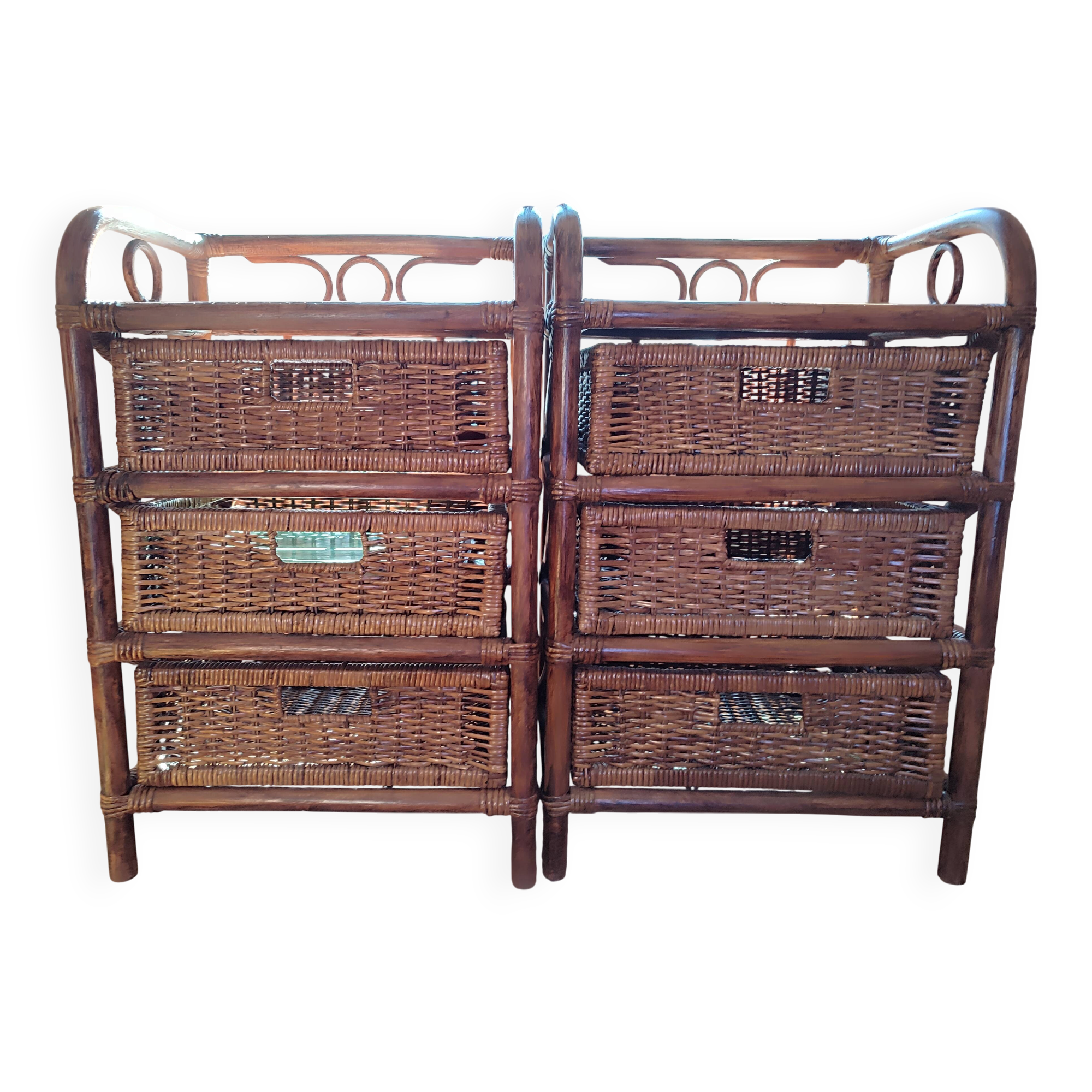 Pair of restored vintage rattan bedside tables – 3 drawers