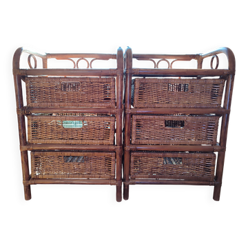 Pair of restored vintage rattan bedside tables – 3 drawers