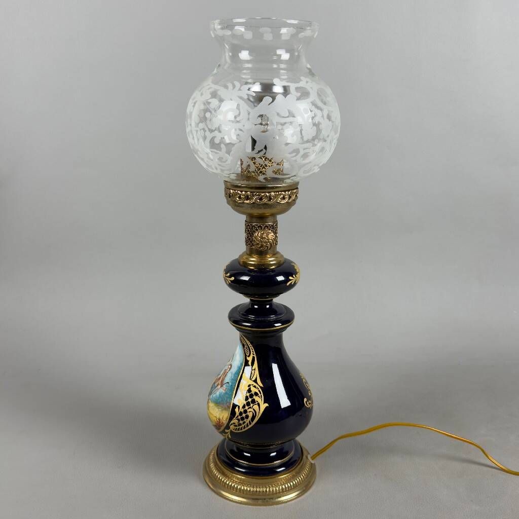 Antique French porcelain table lamp, brass and satin glass, 20th century.