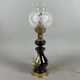 Antique French porcelain table lamp, brass and satin glass, 20th century.