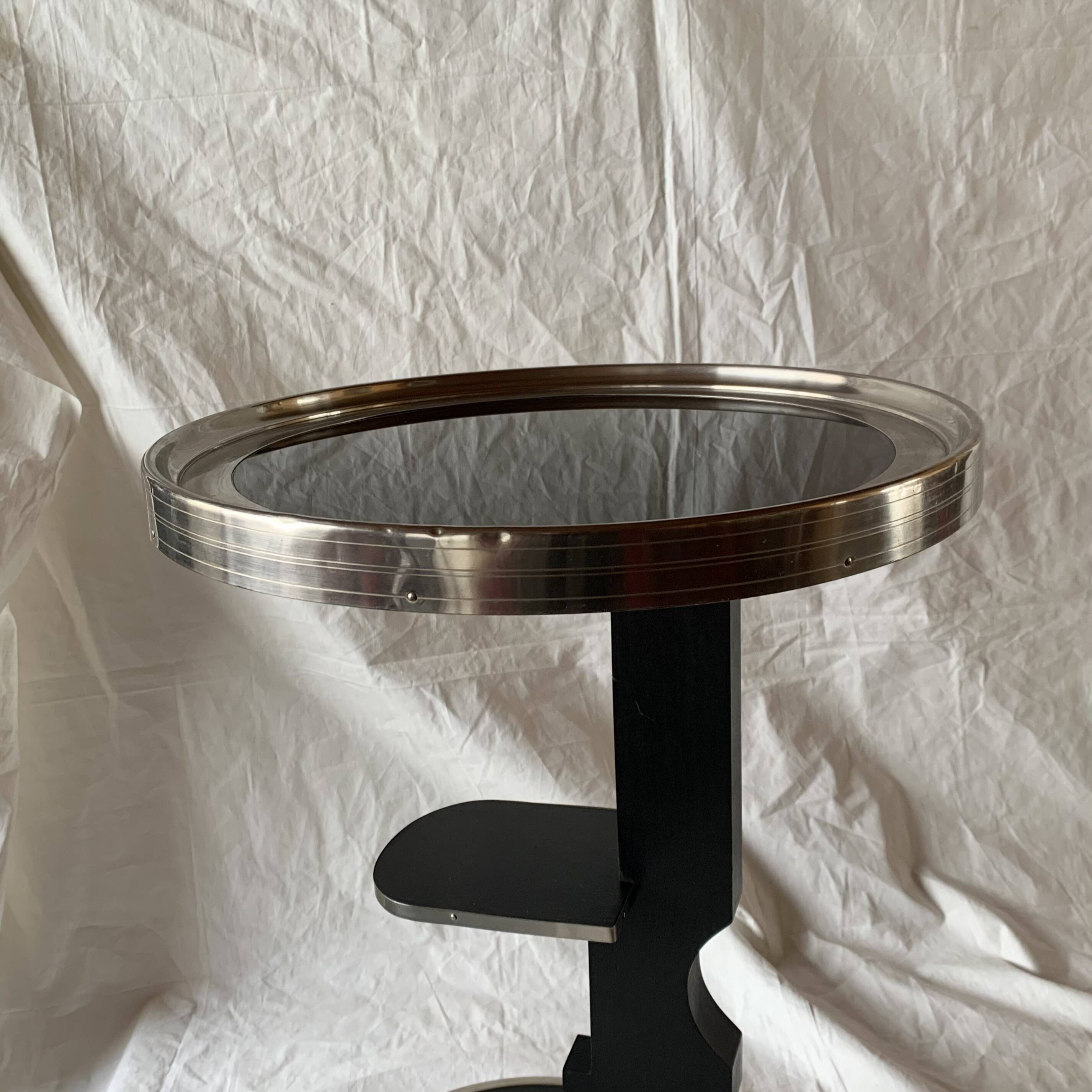 Vintage side table in glass, wood and aluminum
