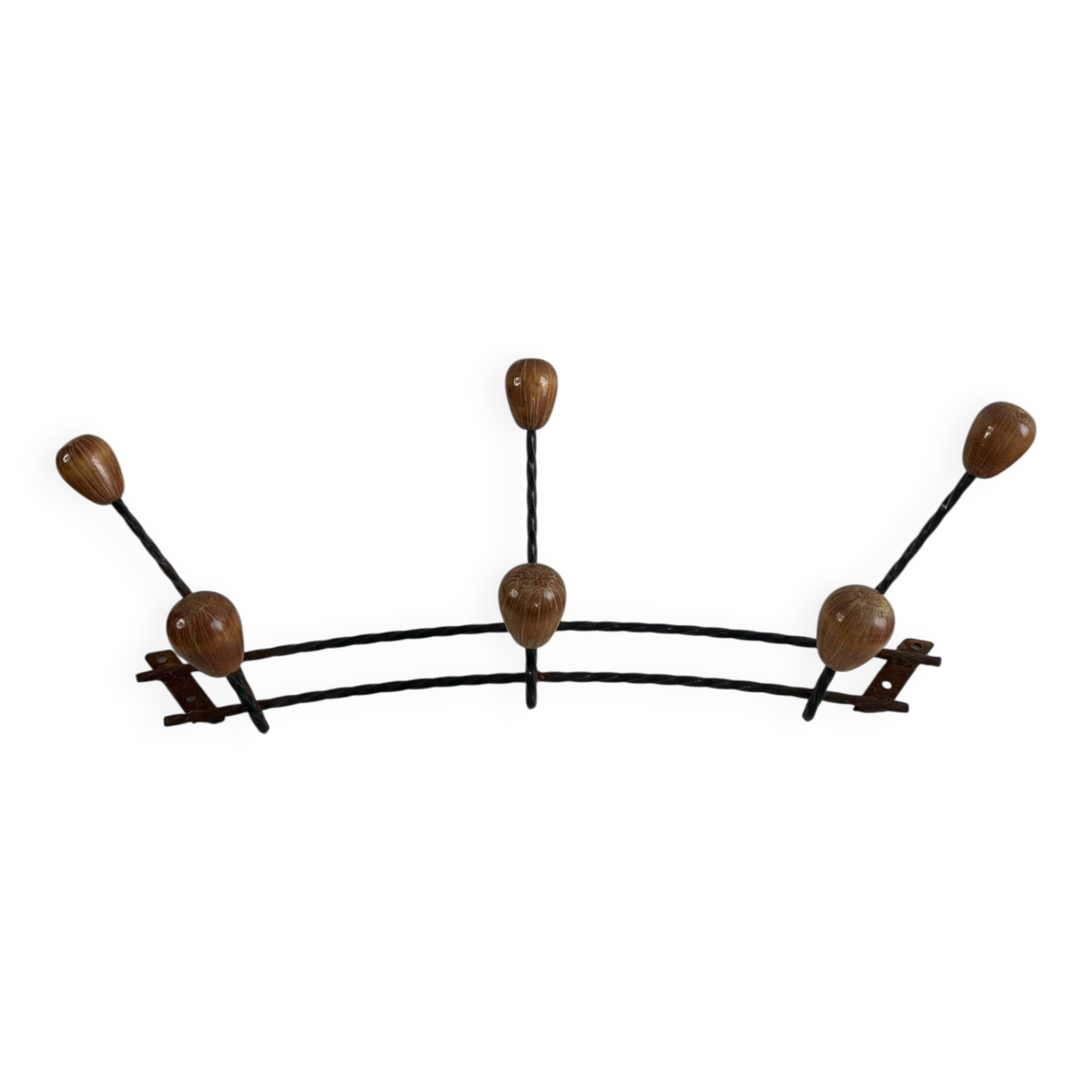 Wall-mounted coat rack in wrought iron with turned wooden knobs.