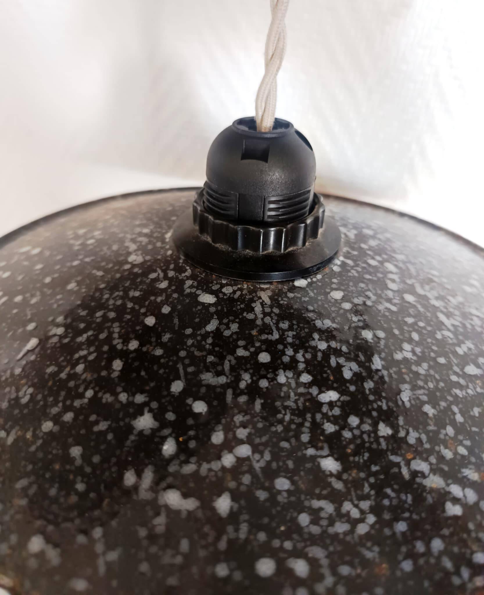 Pair of vintage enamelled sheet metal industrial pendant lights