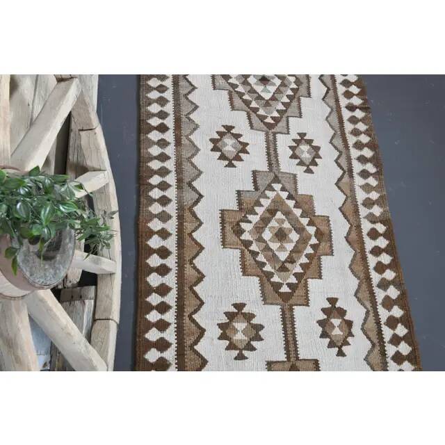 Tapis couloir vintage en laine et coton turc noué à la main blanc 90x307