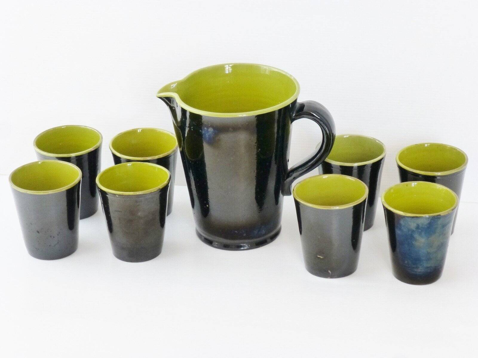 Vintage 1960s two-tone orangeade service, 9 ceramic pieces.