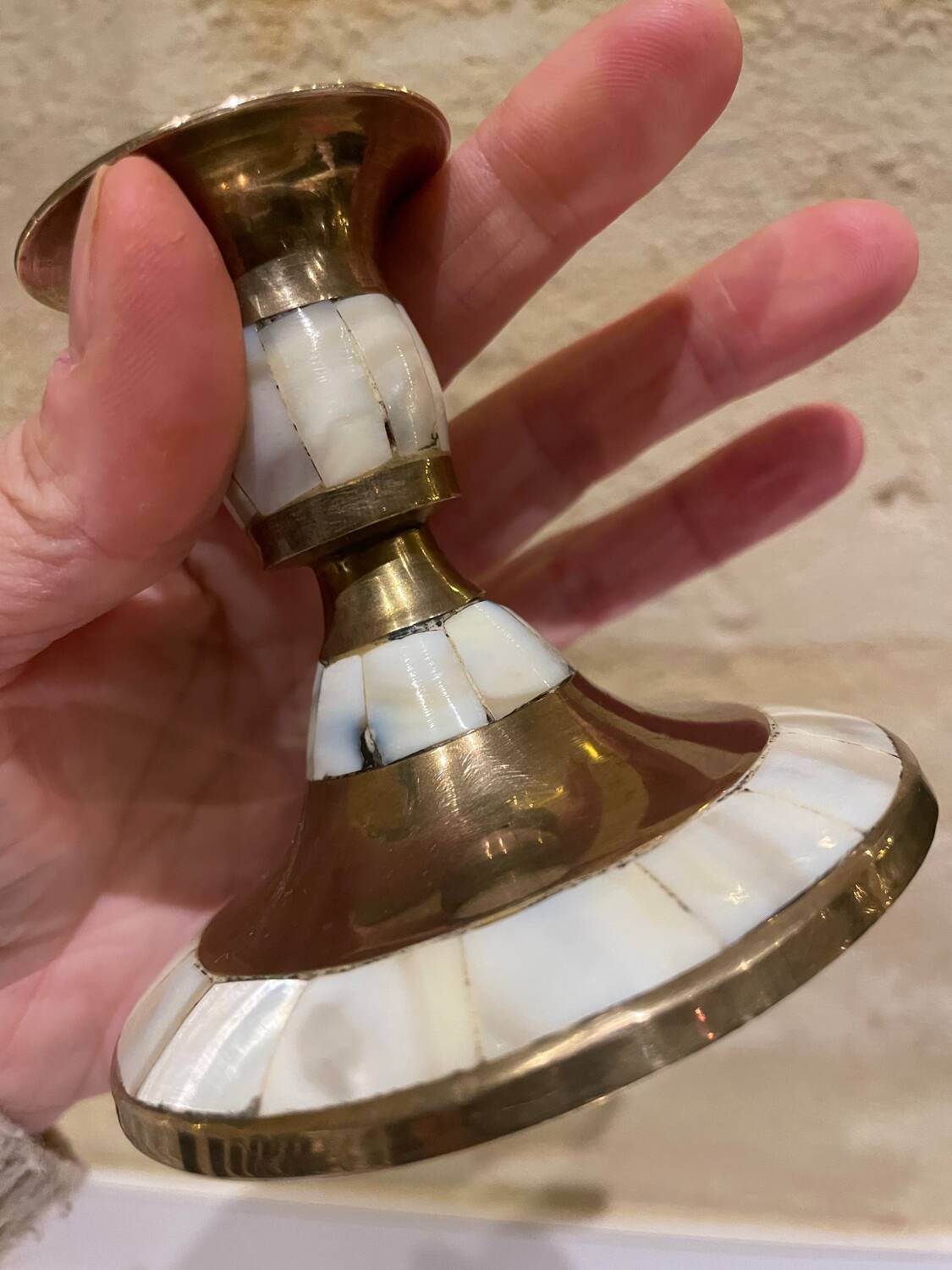 Mother-of-pearl and gilded brass candlestick