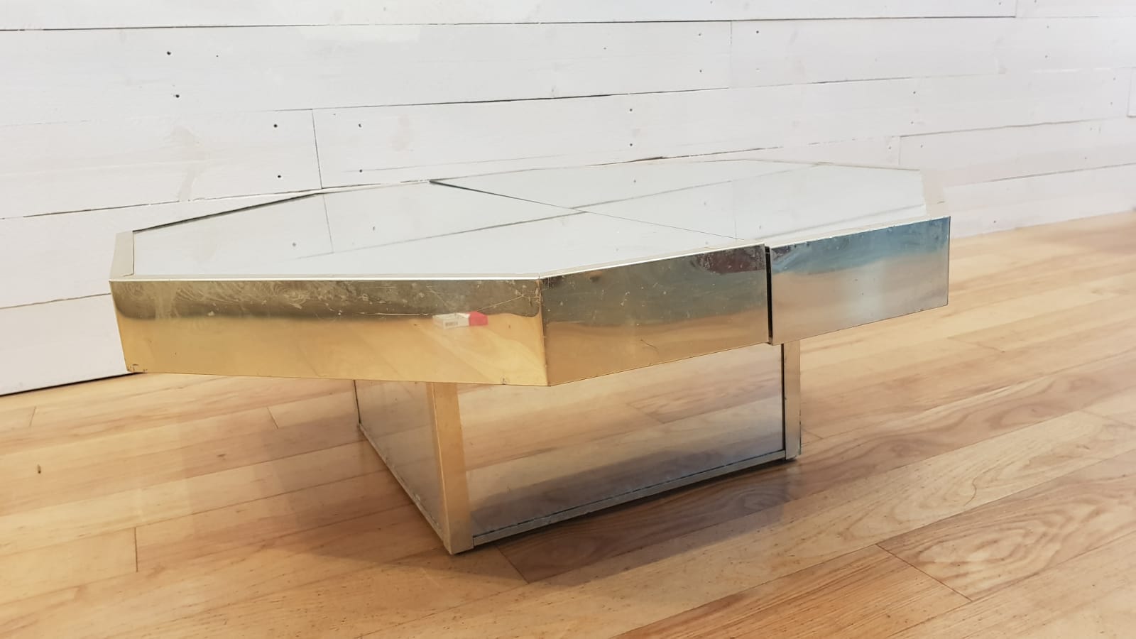 Low octagonal mirror and gold metal France 1970 bar table