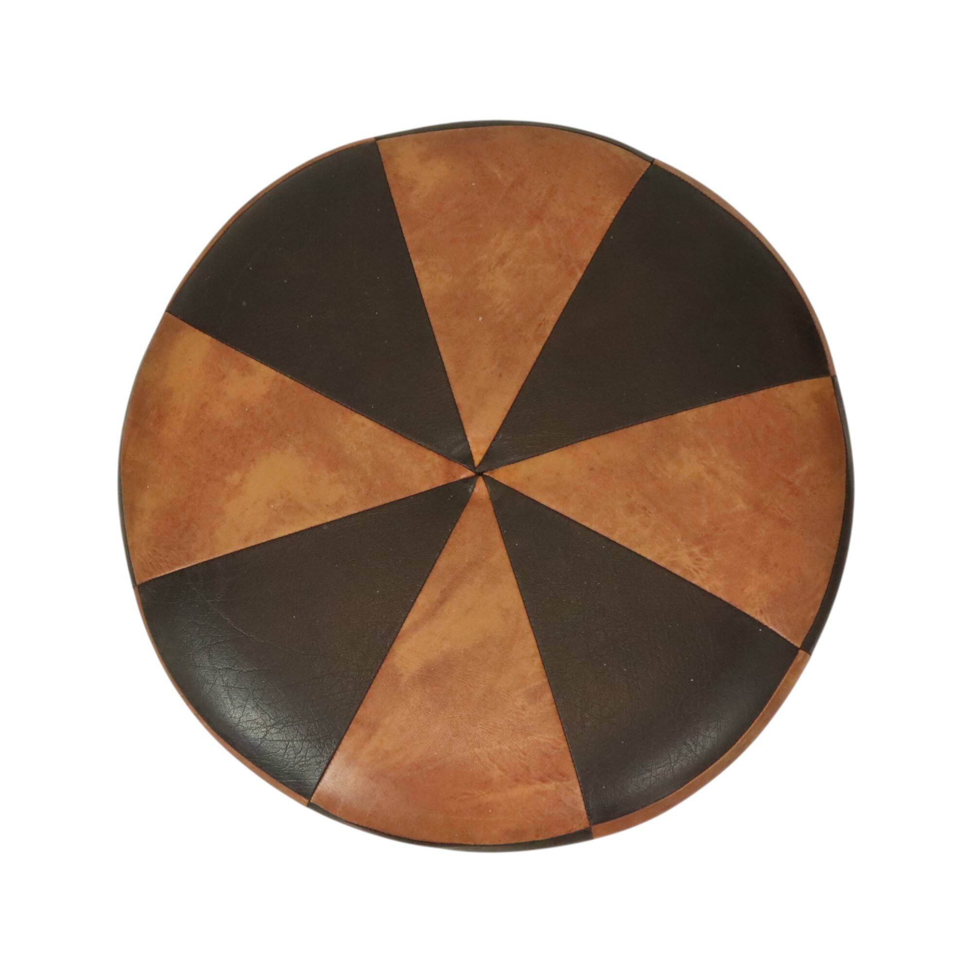 Round Vintage Brown Pouf Two-Tone Skai Leather Sixties