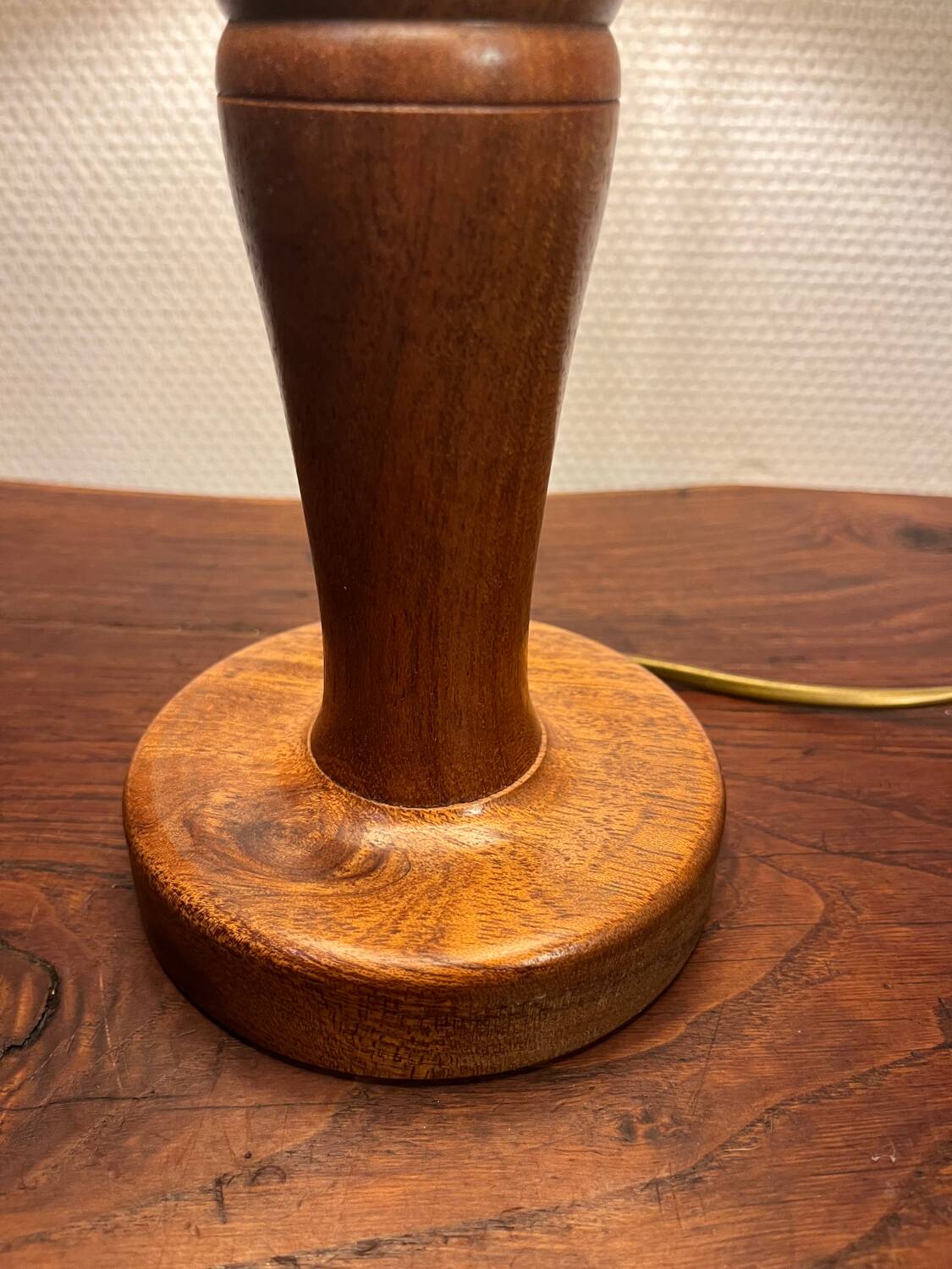 Solid wood table lamp with baroque shade from the 70s