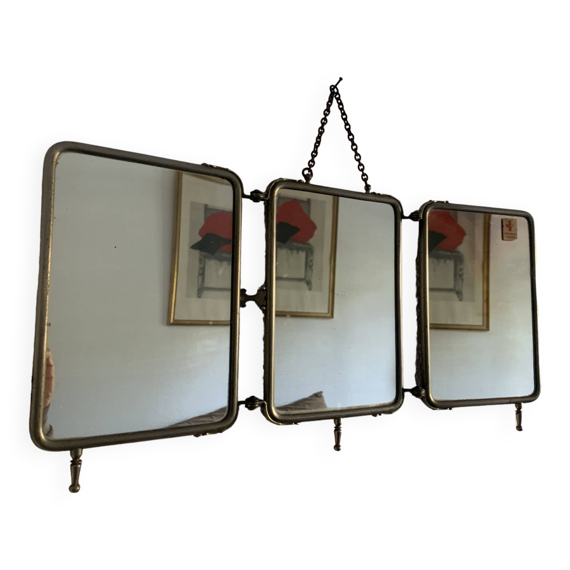 Miroir vintage 1910 triptyque barbier Art Déco armée - 24 x 51 cm
