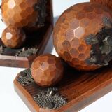 Pair of Art Deco faceted ball bookends in oak with metal decorations