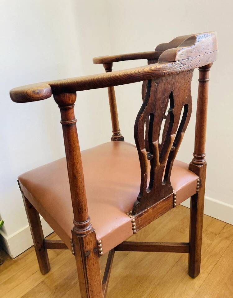 19th century corner armchair in solid pegged oak and imitation leather