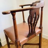 19th century corner armchair in solid pegged oak and imitation leather
