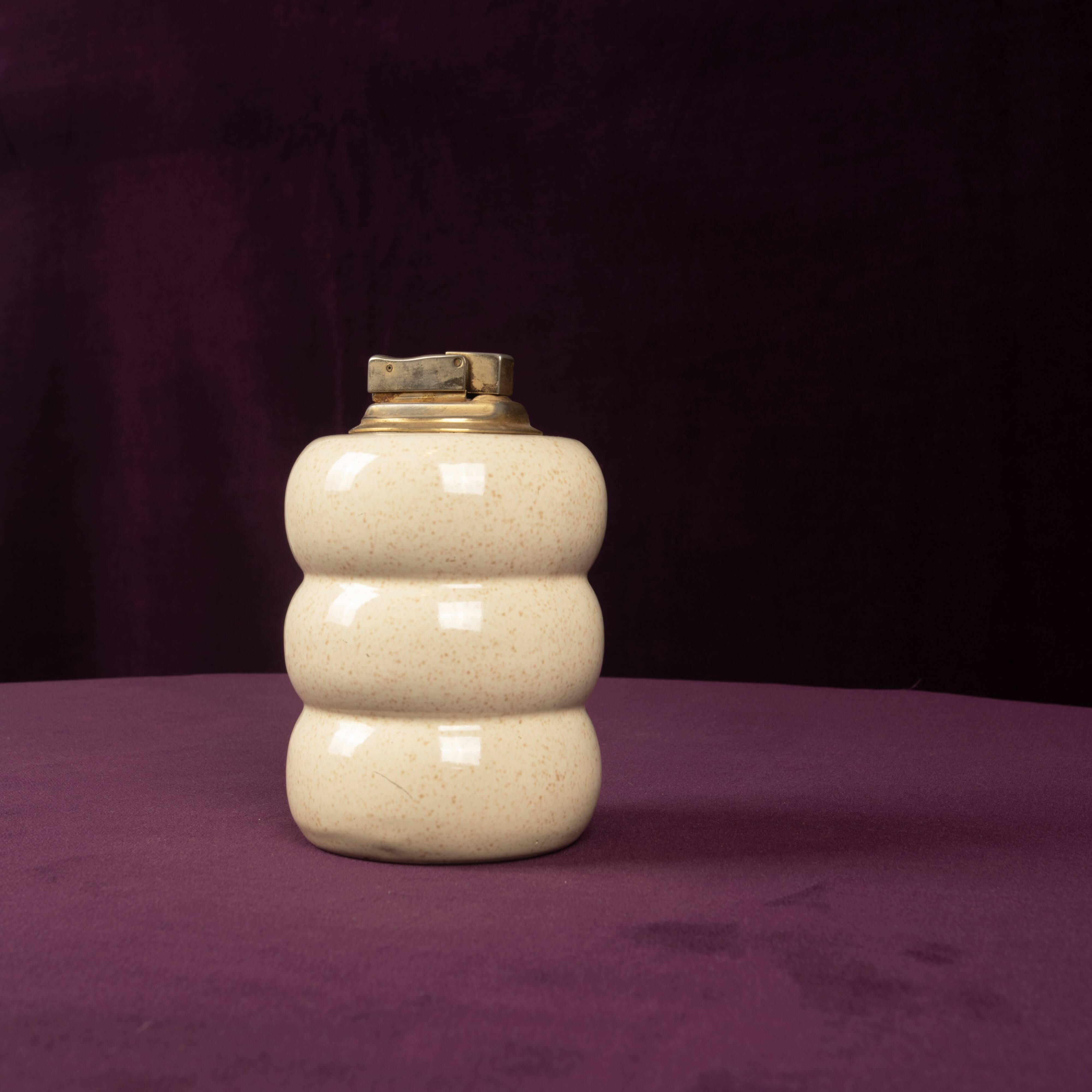 Tommaso Barbi Cream Speckled Ceramic and Brass Table Lighter 1970