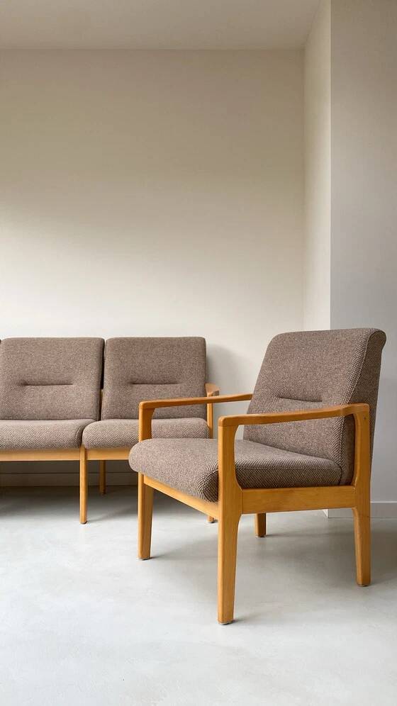 Vintage wooden seating area / sofa and 2 armchairs