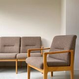 Vintage wooden seating area / sofa and 2 armchairs
