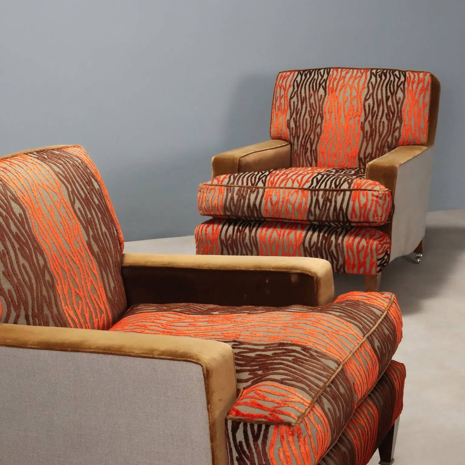 Pair of antique armchairs with velvet and fabric poufs, Italy, 20th century