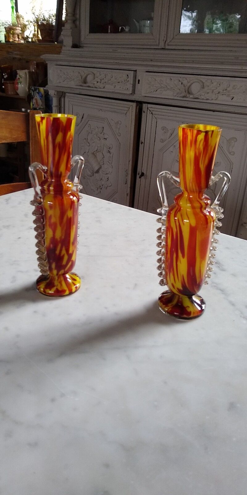 Pair of vases from the Clichy glassworks, orange-yellow marbled, in the shape of an amphora