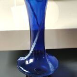 Long flared neck ball vase. Smoked scrolls in cobalt blue art glass, 30cm